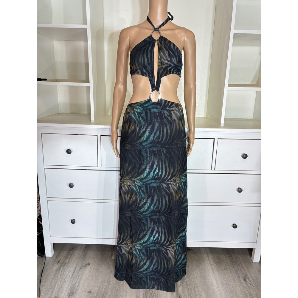 Outcast Regine Maxi Dress 2 Piece Set Women Medium Miele Animal Print Cut Out